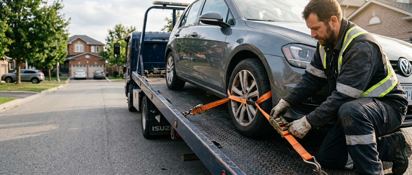 Operator securing a vehicle with safety straps