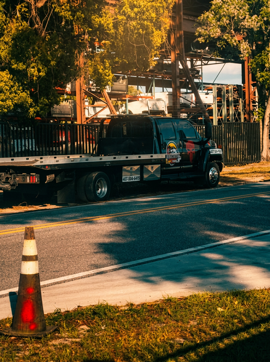 Black flatbed parked roadside with safety cone