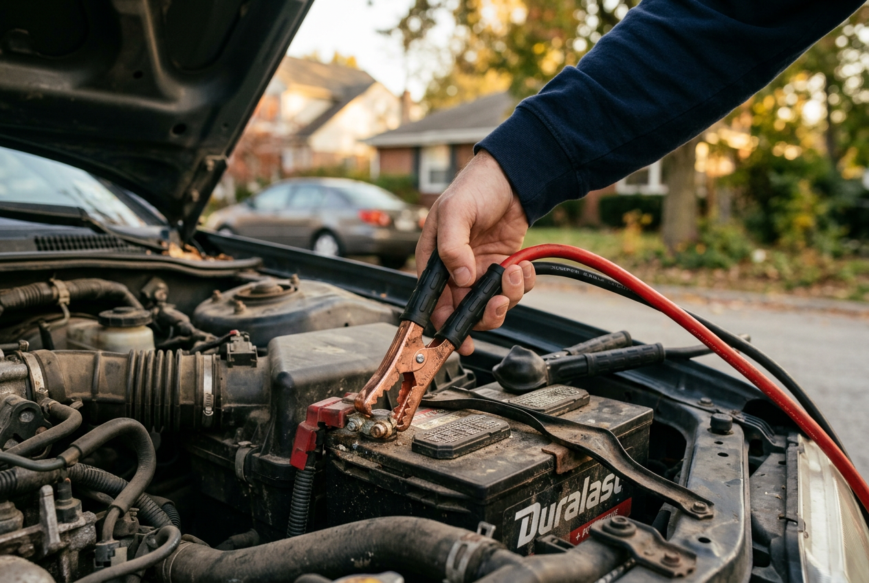 Close-up of jumper cable clamps connected to a car battery terminal under an open hood